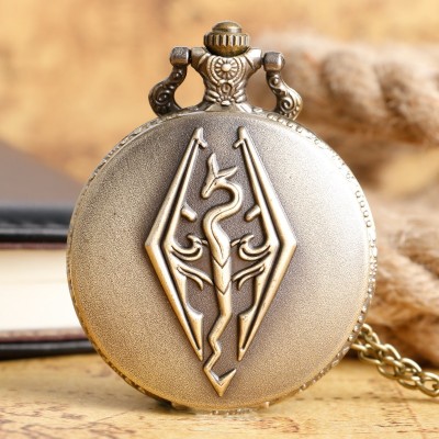 The Elder Scrolls V Theme Retro Bronze 3D Dragon Design Pocket Watch with Necklace Chain for Boys Skyrim Gift