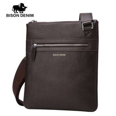 BISON DENIM Brand 100% top cowhide genuine leather Male bags slim shoulder bag Business Travel Ipad Crossbody Bag for men 