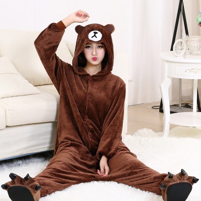 Kigurumi Bear Onesie Slippers Women Men Adult Animal Cartoon Brown Pajama Funny Festival Party Fancy Suit Zipper Button Overalls