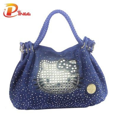 Rhinestone Handbags Designer Denim Handbags Women Famous Brands Kitty Shoulder Bag With Crystal Diamonds Ladies Purse