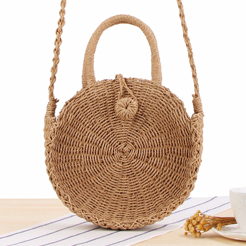 Round Straw Bag Handmade Rattan Woven Vintage Retro Straw Rope Knitted ...