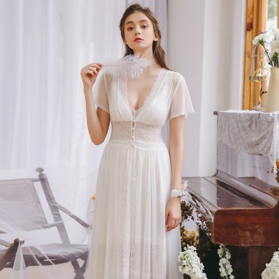 Robe Sweet Lace Sexy Nightgown Woman Princess Robes Suit Soft Robe 2 pcs set Bride Robe Set Long Sleepwear Dress