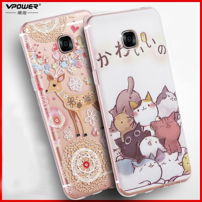 Phone Case for samsung galaxy c7 case 3d relief for galaxy c7 tpu soft transparent CASE Phone Cover c7 +finger ring holder