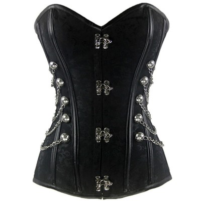 Black Gothic Overbust Steampunk Corset with Chains Steel Boned Bustier Gothique Clothing Plus Size Costume