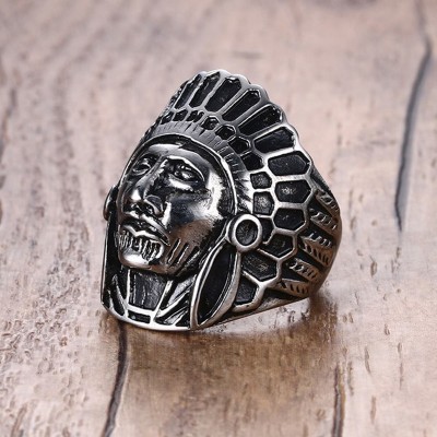 Indian Chief Headdress War Bonnet Black Oxidized Stainless Steel Ring Men Vintage anillos hombre anel