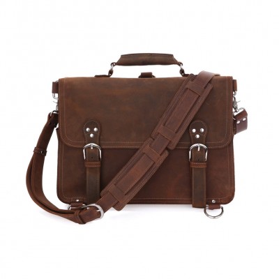 Rare Crazy Horse Leather Mens Brown Business Briefcase Laptop Totes Bag Dispatch Cross-body Shoulder Messenger Huge 16 inch 