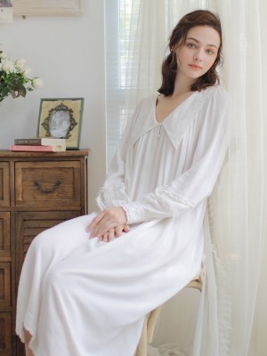 Nightgown Women Elegant Night Gowns White Long sleeve Nightgown Contract Sleepwear Ladies Comfortable Homewear Pregnant woman