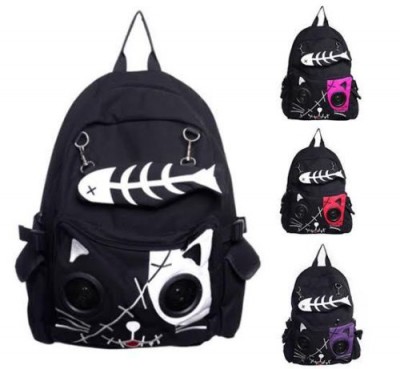 Gothic Backpacks Speaker Bag by Banned KIT Cat Animal Rucksack Backpack Emo Gothic Plug  Play Fish Bone