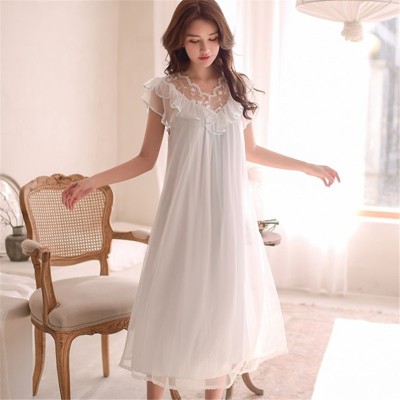 Vintage Sleep Lounge Butterfly Sleeve Laced Ruffle Night Dress Summer Autumn Sleepwear Cotton Organza Loose Long Nightdress