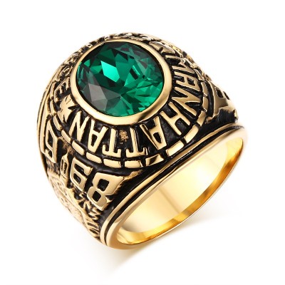 Fashion Mens Rings Stainless Steel Manhattan College Ring with Green CZ Crystal Vintage Men Bike Fashion Jewelry Graduation Gift