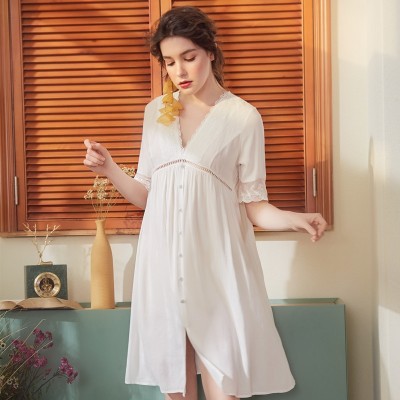 Sexy Nightgown Lace Cotton Women Summer Dress Sleepwear Woman Vintage Nighty Blue White Maternity Nighties