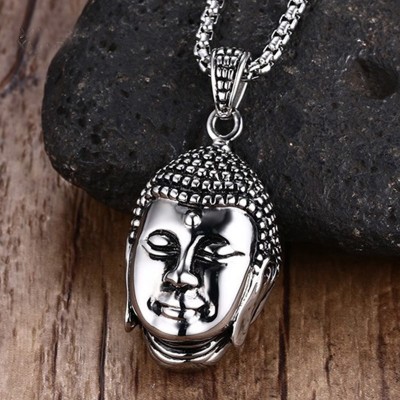 Mens Polished India Devout Buddha Choker Vintage Stainless Steel Pendant on 24 Inch Belcher Chain Necklace