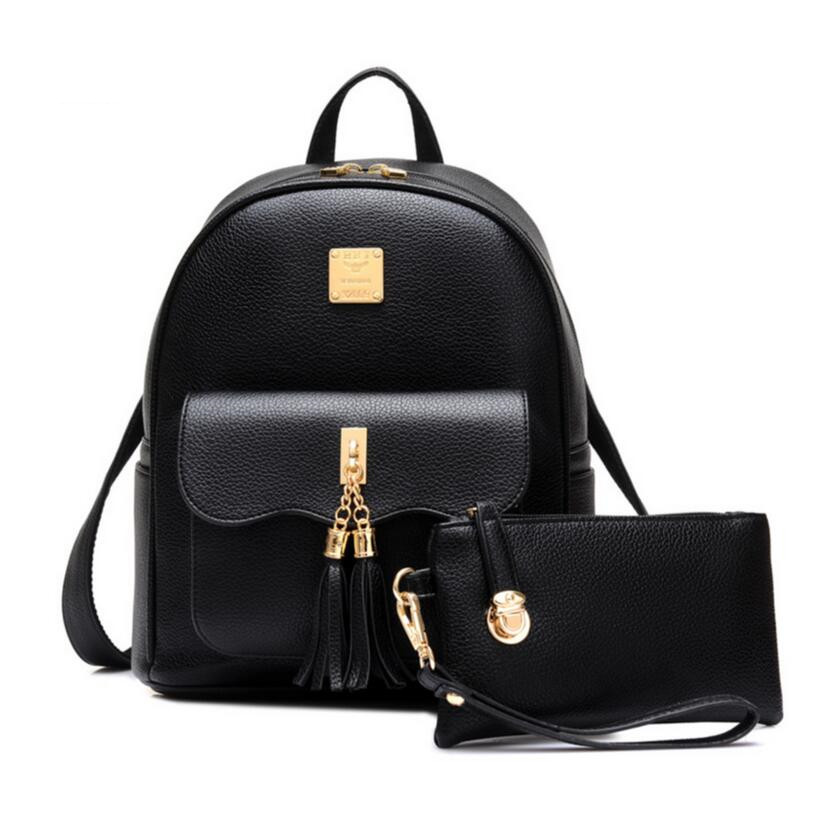 Black bag set women leather backpack girl schoolbag cute small tassel ...
