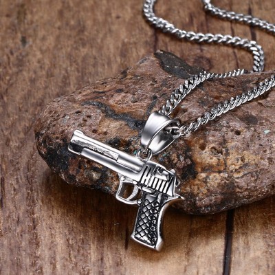 Fashion Mens Necklaces Pendants Stainless Steel Pistol Hand Gun Pendant Necklace Biker Men Silver-color Hip-Hop Jewelry collier