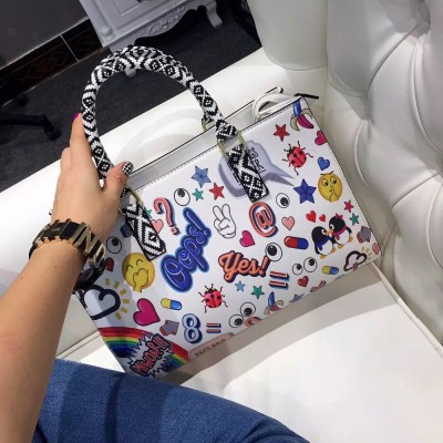 2019 new arrival summer fashion girls women handbags black and white owl bags colorful drawing bag with match handle 