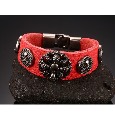 Punk Rock Bracelets Antique Metallic Skull Gothic Strap Red Leather Wristband Adjustable Snap Button for Male Female Jewelry