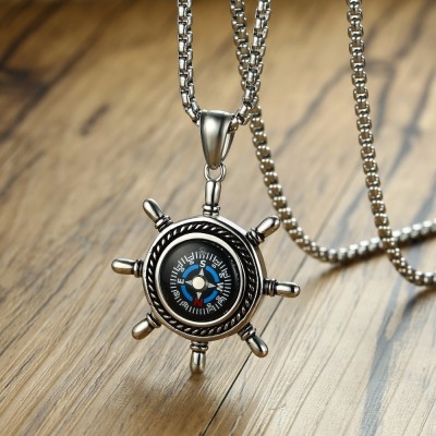 High Rudder Compass Pendant Necklace for Men Stainless Steel Outdoor Hiking Unisex Jewelry Gift 24 inch