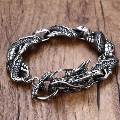 Mens Dragon Themed Link Bracelet with Toggle Clasp Silver Color Men  Punk bileklik Stainless Steel Jewelry pulseira masculina