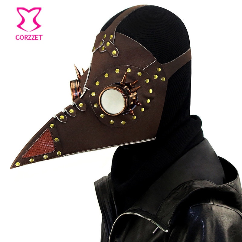 Brown Pu Leather Rivet Vintage Steampunk Plague Bird Mask Gothic Plague Doctor Costume Accessories Halloween Anime Cosplay Props