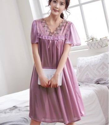 PLUS SIZE 5XL Satin Silk Lace Embroidery Lingerie Sexy Loose Nightgown Women Oversized Nightgown Shirt Dress Sleep Ropa Dress