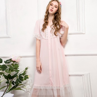 Pink Nightgown Summer Sleepwear  Women Nightdress Lace Vintage