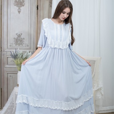 Loose Nightgown Women Round neck Nightgowns Lace Fashion Vintage Sleepwear Homewear Nightdress Ankle Length Dress 115cm bust