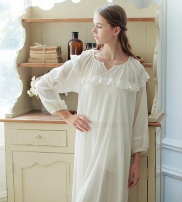 White Sleepwear Nightdress Women Lace Lace Nightgown Dress Princess Vintage Bedgown Soft Cotton Vestidos