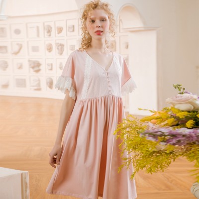 Nightgown Women Cotton Summer Short Sleeve Nightdress Solid Color Cotton Pink Sleepwear Pregnant woman Nightgown