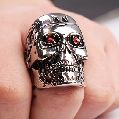 Weight 31g High Quality Steampunk Biker Terminator Mask SKull cool Men Rings Retro Red crystal Jewelry