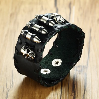 Vintage Skull and Three Bullets Black Leather Biker Bracelet Wrist Cuff Wristbands Gothic Goth Rocker Male Jewelry