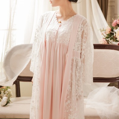 Vintage Robe Lace Nightgown Set For Ladies Embroidery Sleepwear Princess Robe Gowns Women New Fashion