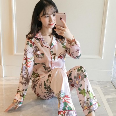 Women Pajamas Satin Sleepwear Pijama Home Wear Silk Pyjama Home Suit Flower Print Sweet Cute Home Clothing Sleep Lounge Plus