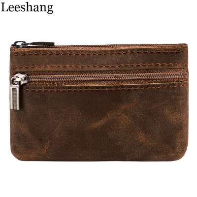 Vintage Mens Purse Genuine Leather Small Wallets Mens Coin Purse Key Bag Brown Mini mens wallet with zipper compartment Money Wallets