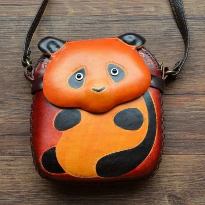 Hand Made Gift Cow Leather Lovely Cartoon Bear Shape Women Messenger Bag Genuine Girls Leather Chinese Panda Cross Body Bag A033 