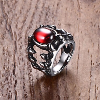 Mens Red Crystal Gothic Dragon Tooth Ring Silver Tone Stainless Steel Punk Men Biker Jewelry anillos hombre bague