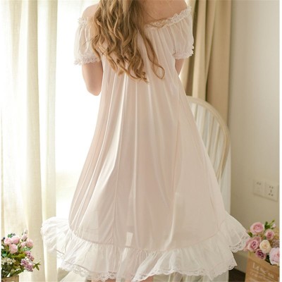 Summer Nightgowns Sleepshirts Sleepwear Women Stretchy Round Neck Slash Night Wear Princess Midi Dress Plus Size Homewear