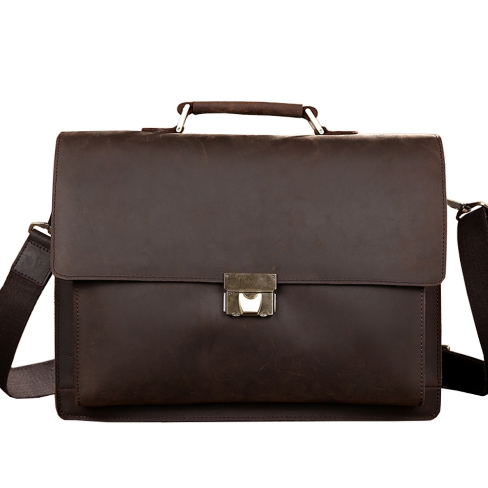 Top Quality Mens Real Brown Leather Briefcase With Lock Business Work Office Bag