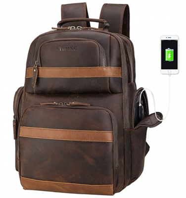 Original Brand Leather Backpack 15.6 inch Laptop Backpack Vintage Business Travel Bag Large Capacity School Daypacks with USB Charging Port & YKK Zippers