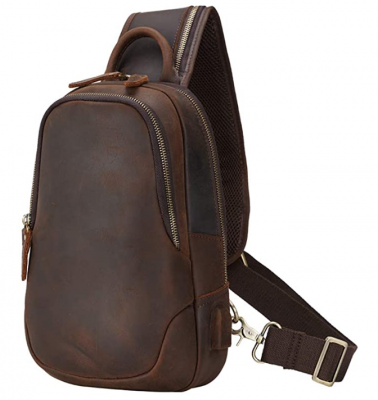 Brand Hot Sale Mens Leather Sling Bag Vintage Chest Shoulder Bags Casual Crossbody Backpack with USB Charging Port