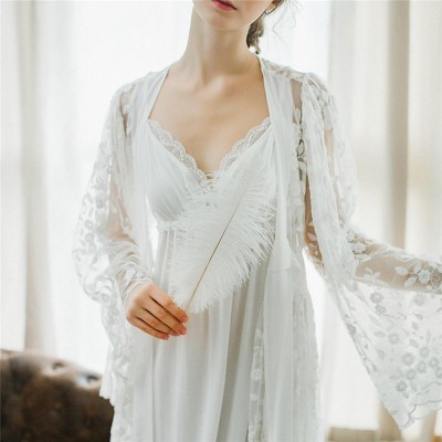 Sexy Robe Set Two Pieces Spaghetti Strap Deep V Neck White Cotton Sleepwear Lace Bathrobe Set Luxury Nightgown Long Negligee