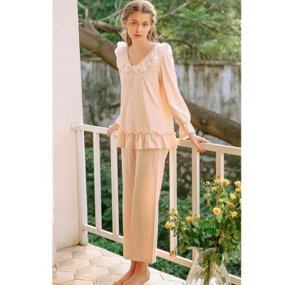 2019 Spring Pajama Set Vintage Cotton Sleepwear Women Lace Ruffled Long Sleeve Pyjama Femme Night Wear Home Suit Lounge Set