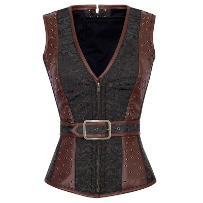 Gothic Bustier Fashion Steampunk Brocade Jacket Corset Espartilho Sexy Faux Leather V-Neck Front Zipper Corset Lace Up Back