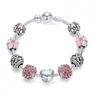 2020 NEW Trendy 925 Silver Beads Charms Bracelet Pink Flower Floral Crystal Charm Bracelet Bangle Women Fashion Jewelry