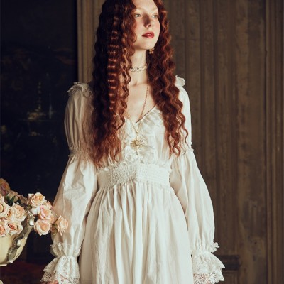 Lady Nightgown Retro Elegant Nightgowns Vintage Women Lace White Sleepwear Dress Cotton Long sleeved Nightdress Gentlewoman