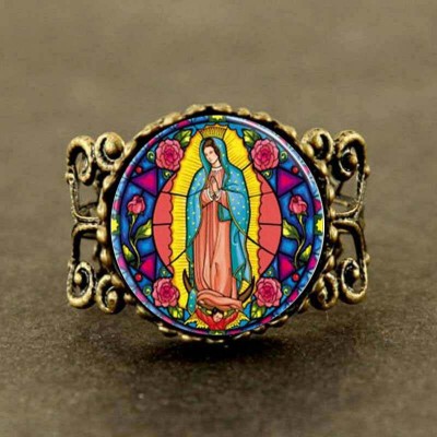 Steampunk Our Lady of Guadalupe Virgin Mary Sacred Heart Religious Stained Glass Bezel Art Ring jewelry new