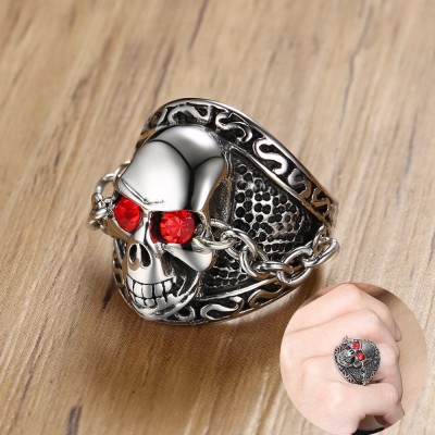 Mens Stainless Steel SKULL RING with Chained Red Eyes Bands Punk Biker Male Halloween Jewellery Anel Aneis Masculinos Anillos