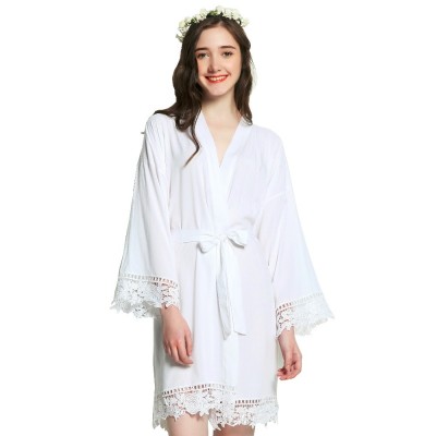 2019 Solid Cotton Kimono Robes with Lace Trim Women Wedding Bridal Short Belt Bath Robe Sleepwear 7 Colors Night Robe Clothes