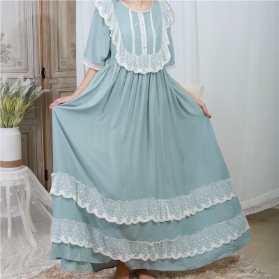 Elegant Solid Nightwear Women Victorian Nightgown Half Sleeve Sleepwear Lace Patchwork Ruffled Hem Night Dress Plus Size