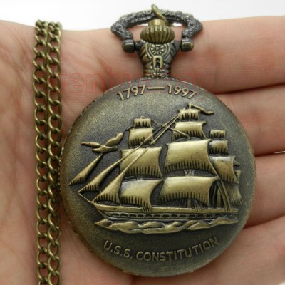 Vintage Steampunk Antique Bronze Sailing Canvas Boat Ship Necklace Chain Quartz Pendant Pocket Watch  Gift P77
