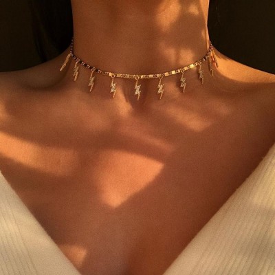 Lightning Shape Tassel Choker Necklaces For Women Crystal Zircon Pendant Necklace Collar Chain Goth Jewelry Bijoux